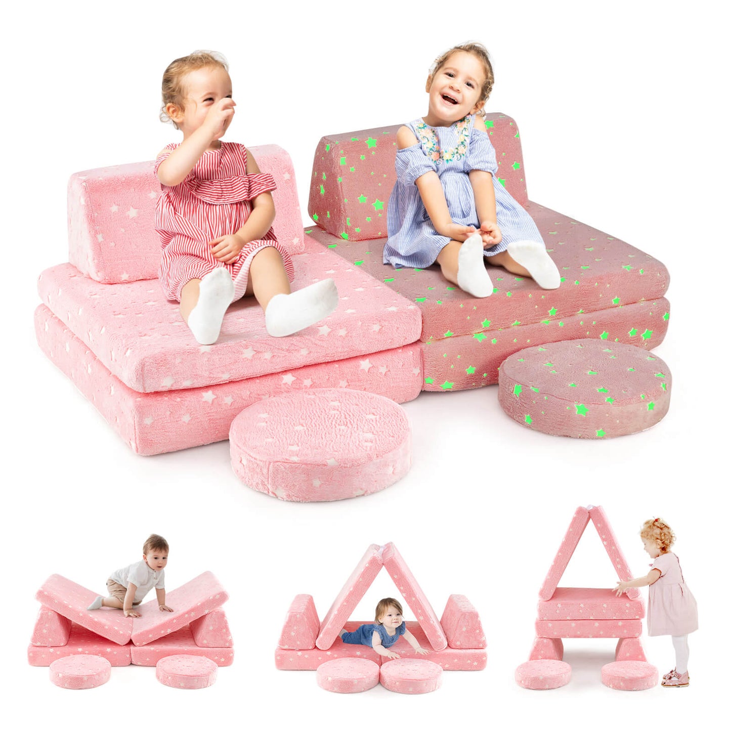 Infans Glow in the Dark Modular Kids Play Couch Set w/ Machine-washable Flannel CoversPink