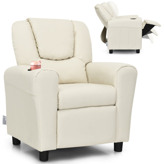 Infans Kids Recliner Chair PU Leather Armrest Sofa w/Footrest Cup Holder Beige