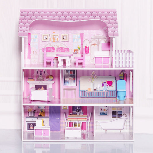 Infans 28 inch Pink Dollhouse w/ Furniture Gliding Elevator Rooms 3 Levels Young Girls Toy