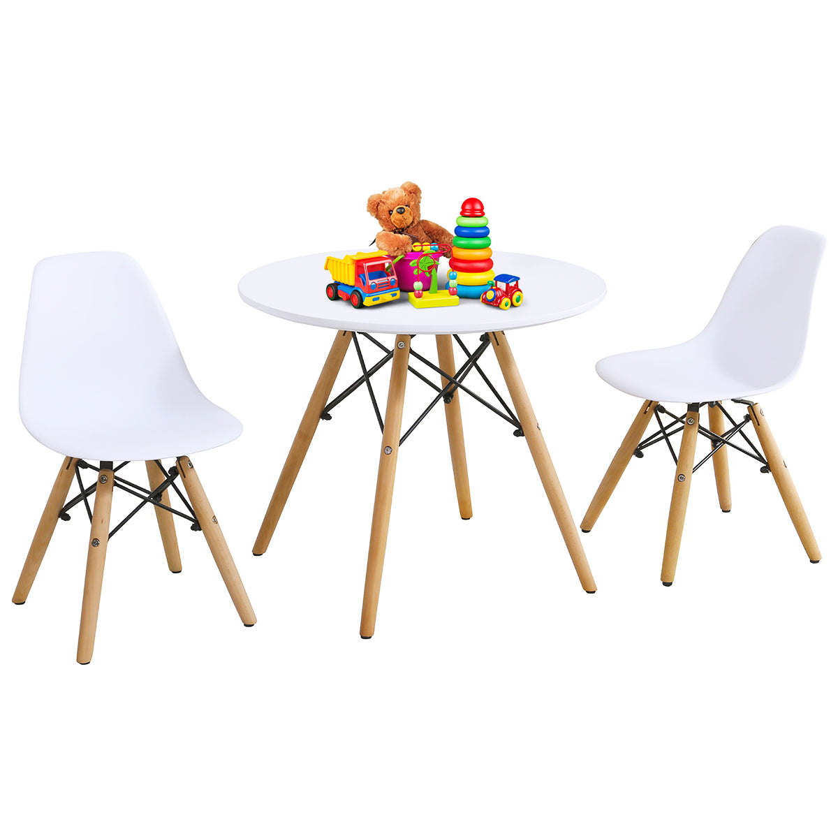 Infans Kids Mid-Century Modern Dining Table Set Round Table with 2 Armless Chairs White
