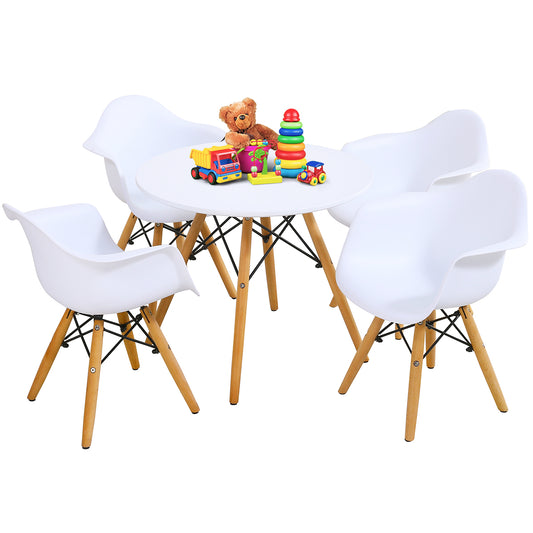 Infans 5 Piece Kids Mid-Century Modern White Round Table Chair Set with 4 Arm Chairs