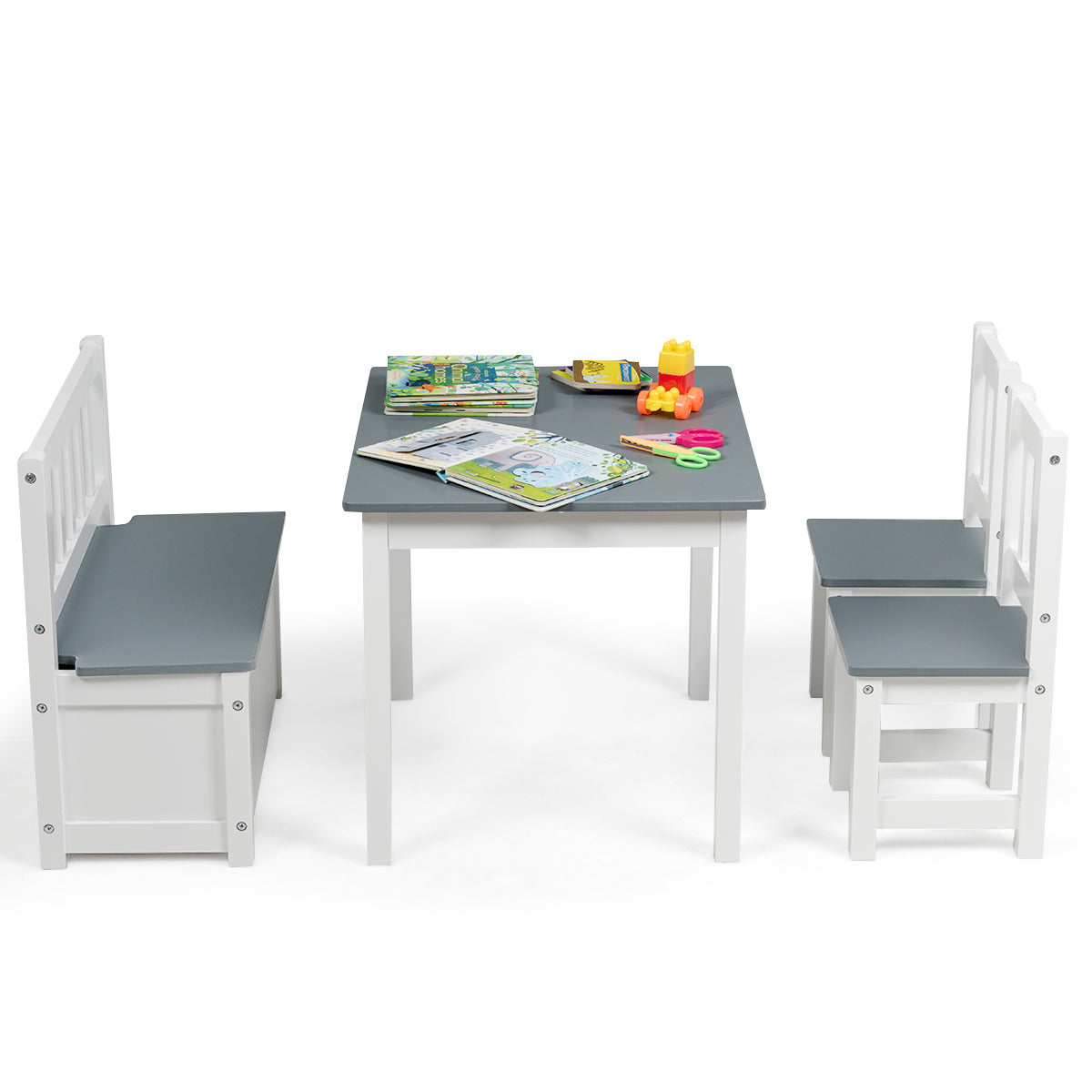Infans Kids Table and Chair Set, Wood Activity Table with Toy Storage Bench & 2 Chairs for Children Reading, Arts, Crafts, Snack Time, Homework, Playroom, Toddler Table and Chair Set (Grey)