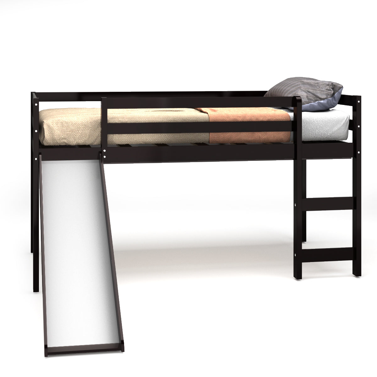 Infans Twin Size Loft Bed with Slide Wood Low Sturdy Loft Bed for Kids Bedroom Espresso