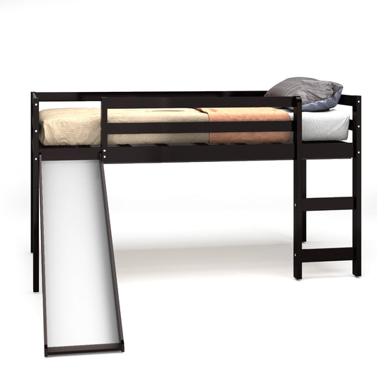 Infans Twin Size Loft Bed with Slide Wood Low Sturdy Loft Bed for Kids Bedroom Espresso