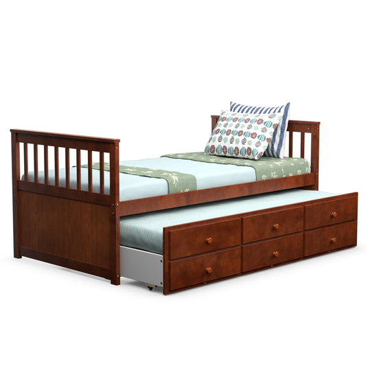 Infans Twin Captain's Bed Bunk Bed Alternative w/ Trundle & Drawers for Kids Walnut
