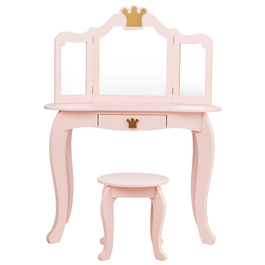 Infans Kids Makeup Dressing Table Chair Set Princess Vanity & Tri-folding Mirror Pink