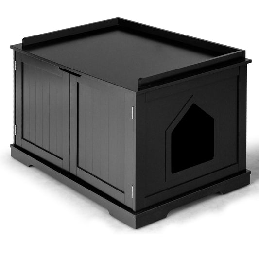 Infans Cat Litter Box Wooden Enclosure Pet House Washroom Storage Bench Black