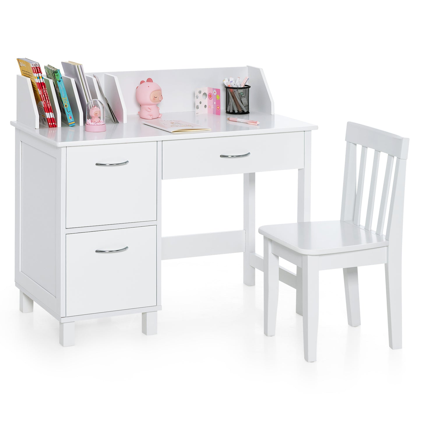 Infans Kids Wooden Study Desk & Chair Writing Table w/Drawer Storage CabinetWhite
