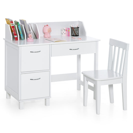 Infans Kids Wooden Study Desk & Chair Writing Table w/Drawer Storage CabinetWhite