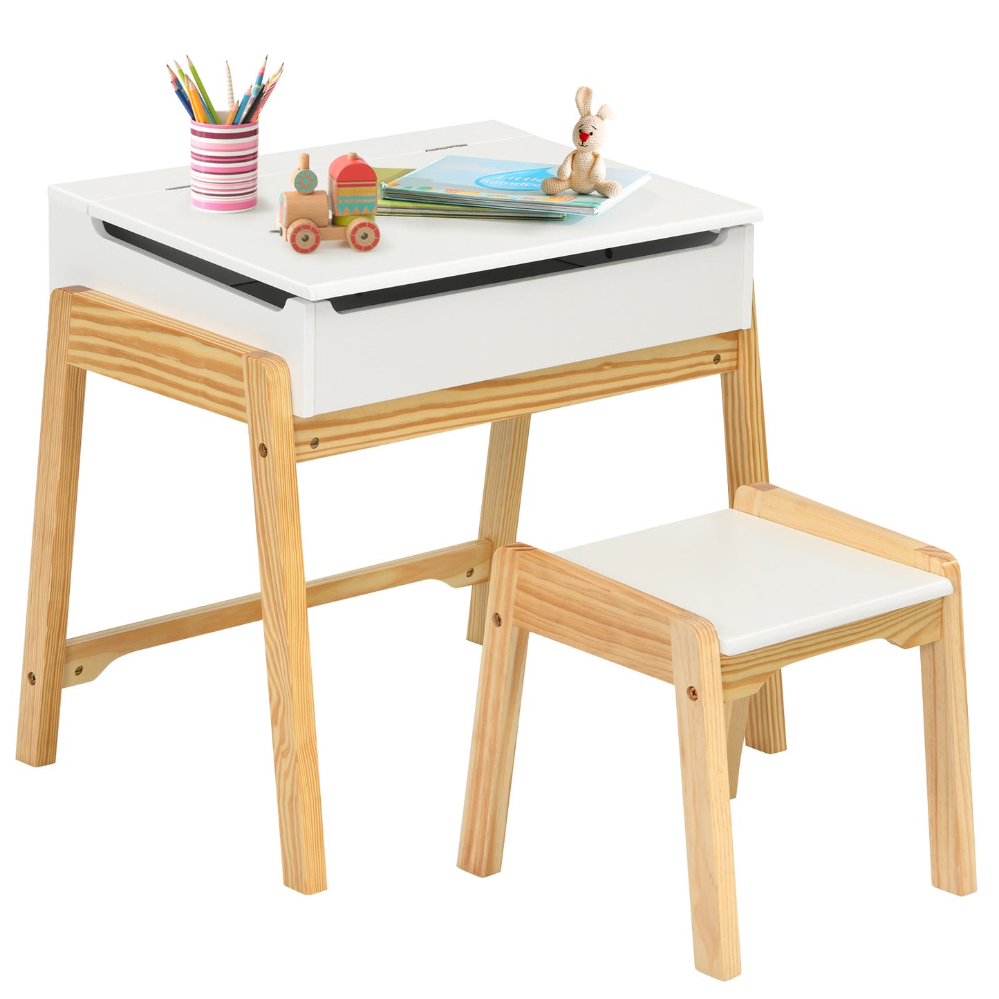 Infans Kids Table & Chair Set Wooden Activity Art Study Desk w/Storage SpaceWhite