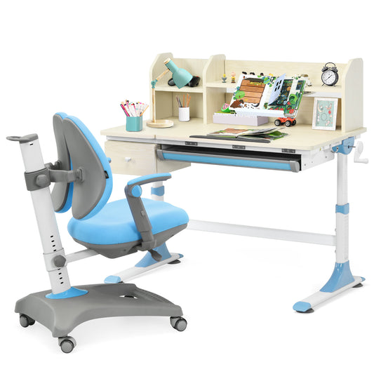 Infans Adjustable Height Kids Drafting Table Study Desk&Chair w/Bookshelf Blue