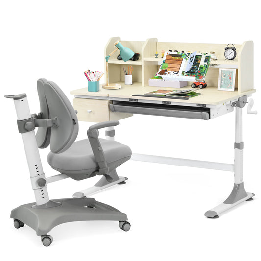 Infans Adjustable Height Kids Drafting Table Study Desk&Chair w/Bookshelf Grey