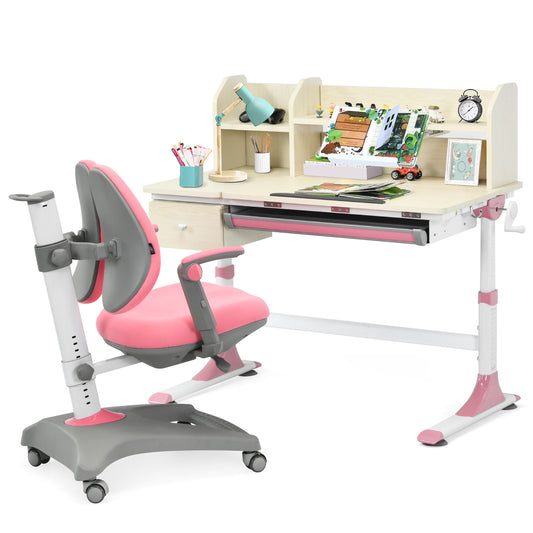 Infans Adjustable Height Kids Drafting Table Study Desk&Chair w/Bookshelf Pink