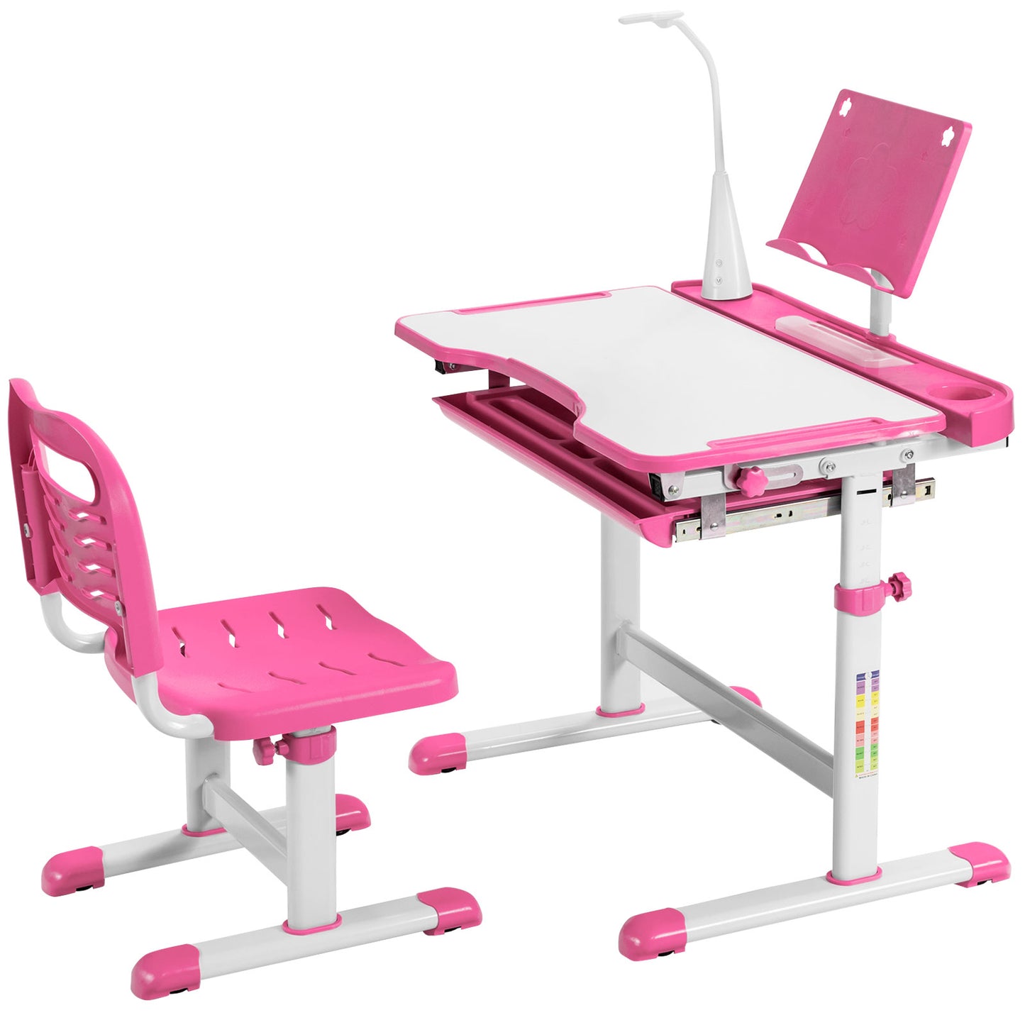 Infans Height Adjustable Kids Study Table and Chair Set w/Bookstand&Light Pink