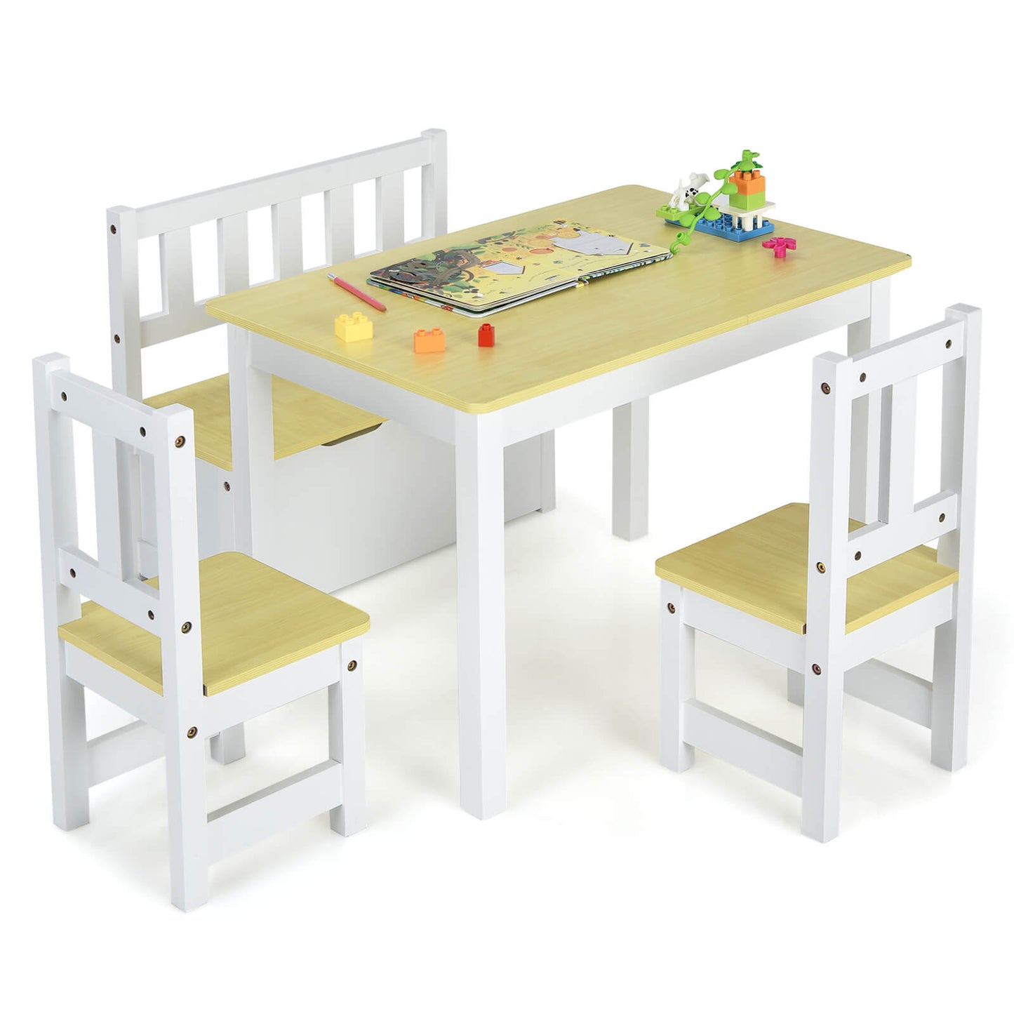 Infans 4 PCS Kids Wooden Activity Table & Chairs Set w/Storage Bench Study Desk Natural