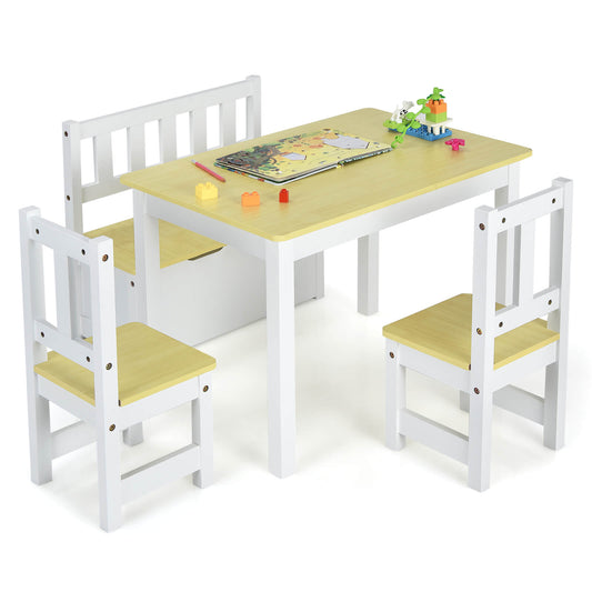 Infans 4 PCS Kids Wooden Activity Table & Chairs Set w/Storage Bench Study Desk Natural