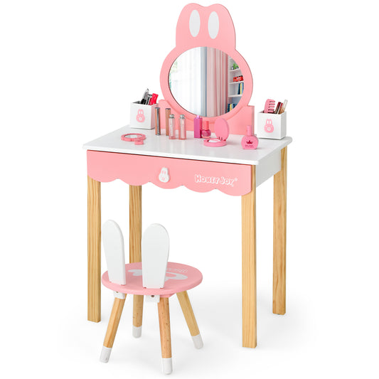 Infans Kids Vanity Set Rabbit Makeup Dressing Table Chair Set W/ Mirror Drawer White