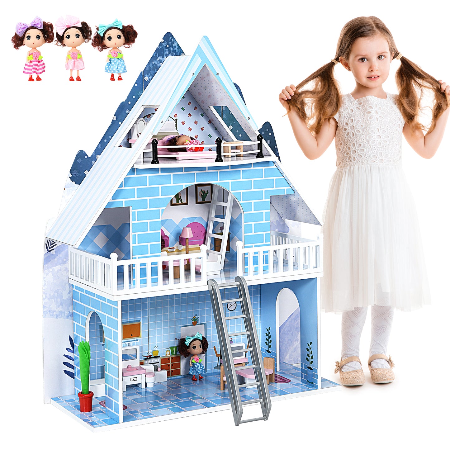 Infans Wooden Dollhouse 3-Story Pretend Playset W/ Furniture&Doll Gift for Age 3+ Year