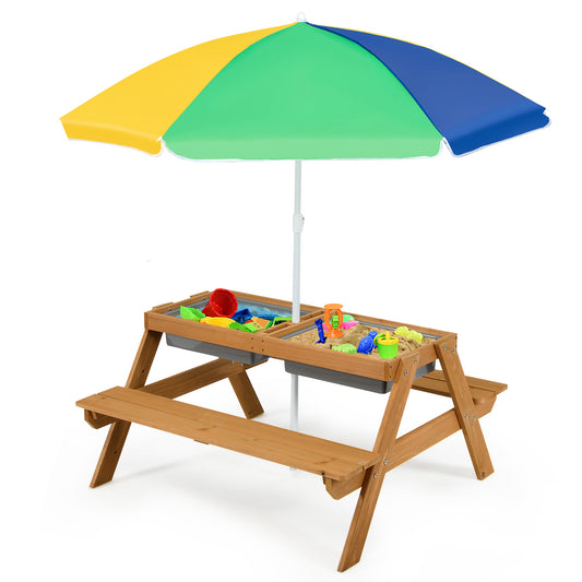 Infans 3-in-1 Kids Picnic Table Wooden Outdoor Sand & Water Table w/Umbrella Play Boxes