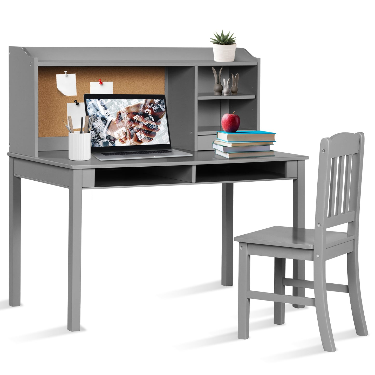 Infans Kids Desk & Chair Set Study Writing Desk w/ Hutch & Bookshelves Grey