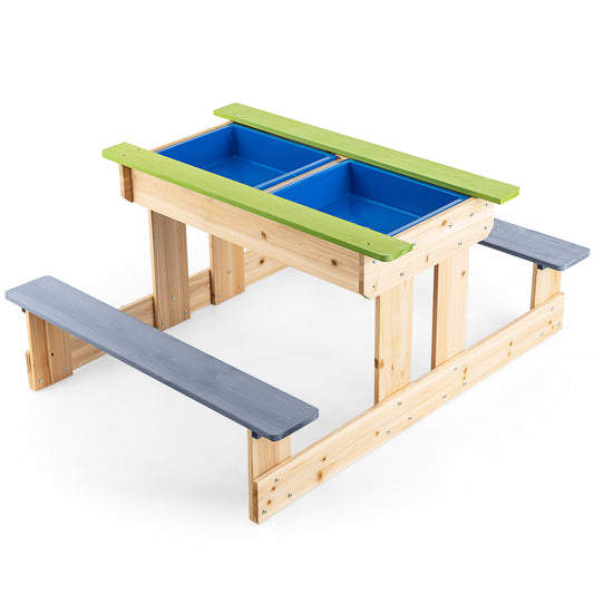 Infans 3-in-1 Kids Picnic Table Outdoor Wooden Water Sand Table w/ Play Boxes
