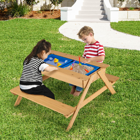 Infans 3-in-1 Kids Picnic Table Wooden Outdoor Water Sand Table w/ Play Boxes