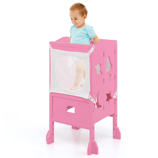 Infans Folding Wooden Kids Kitchen Step Stool with Adjustable Height & Safety Netting