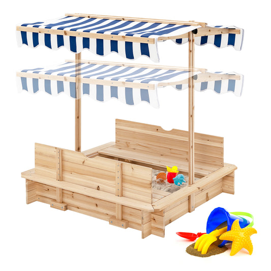 Infans Kids Wooden Sandbox with Canopy & Foldable Bench Seats