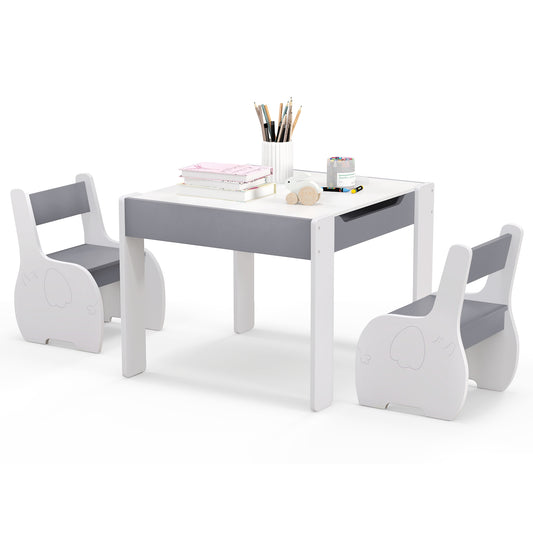 Infans 4-in-1 Kids Wooden Table & 2 Chairs Set w/ Storage Detachable Blackboard Drawing Gray