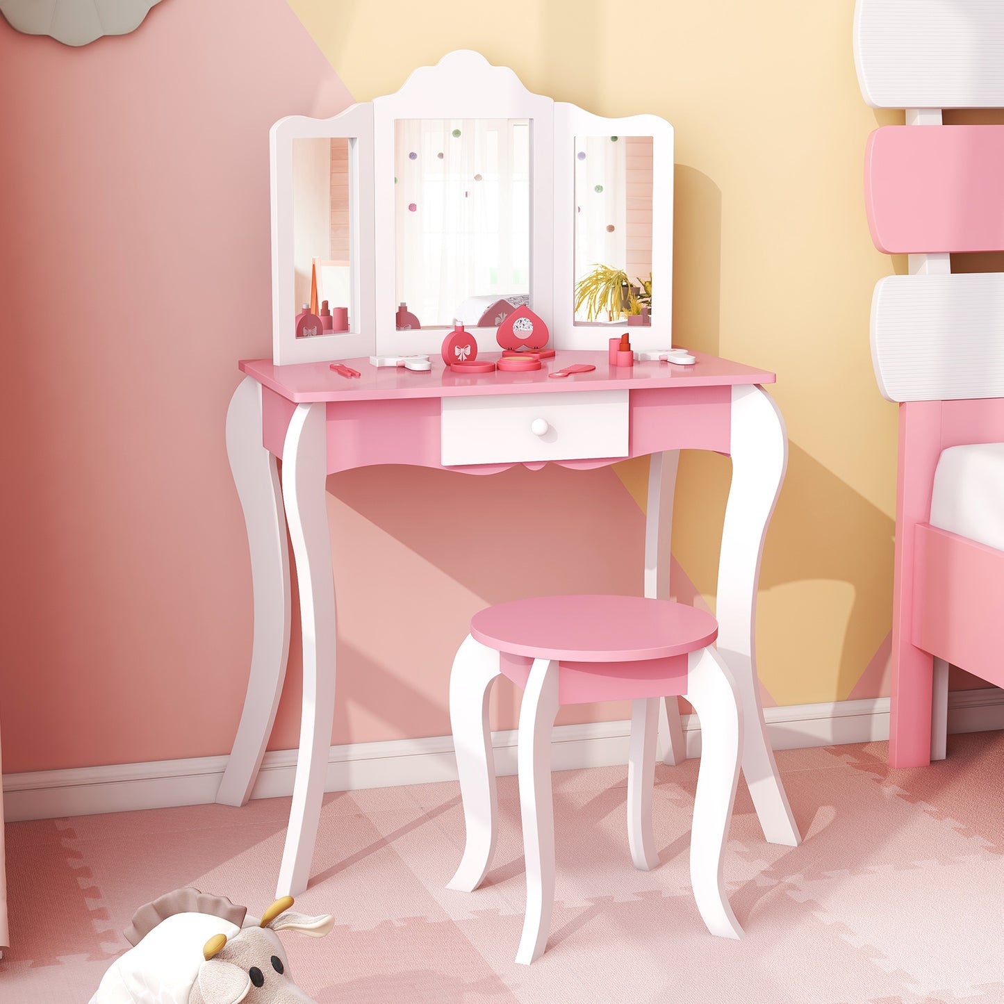Infans Kid Vanity Table and Chair Detachable Tri-Folding Mirror Pretend Play Makeup Set