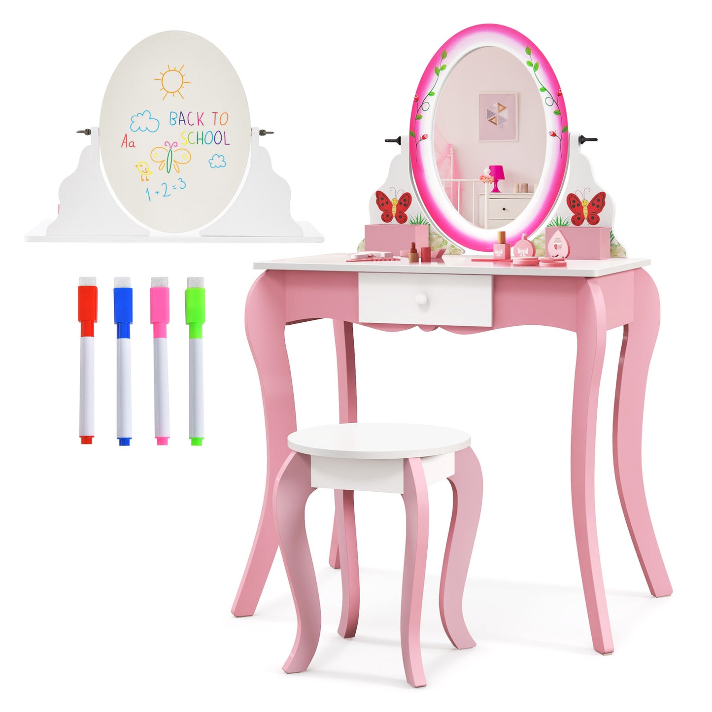 Infans Kids Vanity Table Stool Set Pretend Play Makeup Desk with Whiteboard Markers