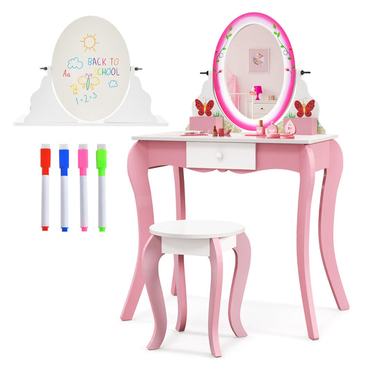 Infans Kids Vanity Table Stool Set Pretend Play Makeup Desk with Whiteboard Markers