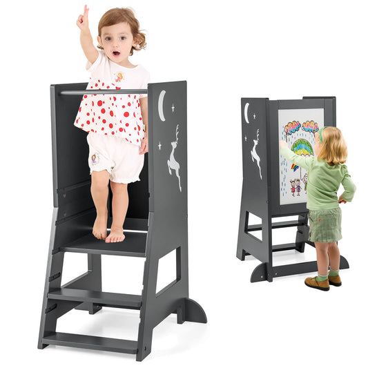 Infans Toddler Kitchen Stool Helper Baby Standing Tower w/ Chalkboard & WhiteboardGray