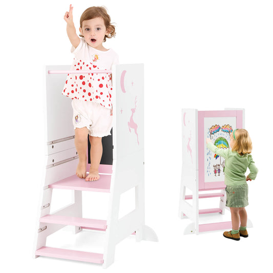 Infans Toddler Kitchen Stool Helper Baby Standing Tower w/ Chalkboard & WhiteboardPink