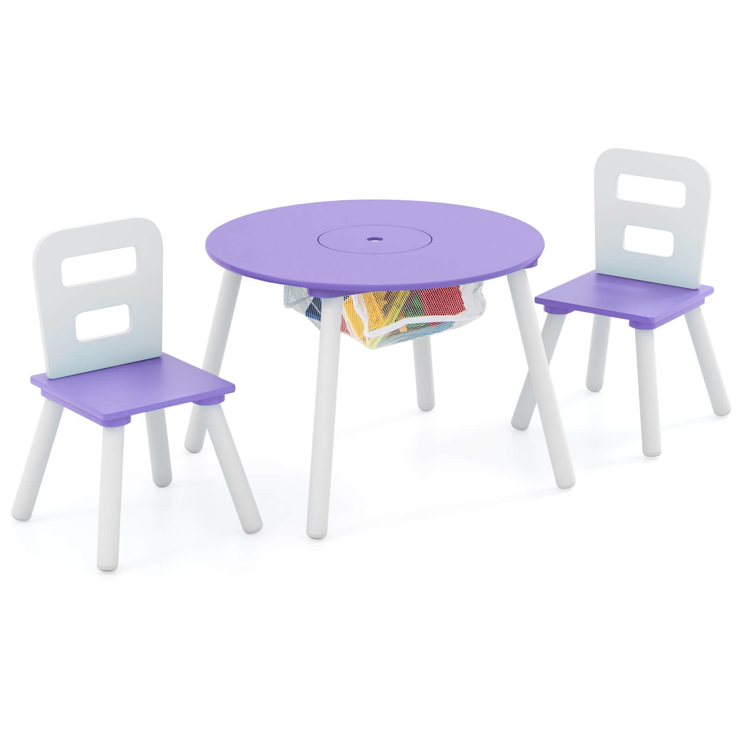 Infans Kids Wooden Round Table & 2 Chair Set w/ Center Mesh Storage Purple