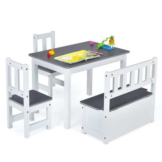 Infans 4 PCS Kids Wooden Activity Table & Chairs Set w/ Storage Bench Study Desk Grey