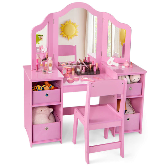 Infans Kids Vanity Table & Chair Set 2-in-1 Princess Pretend Play Makeup Vanity SetPink