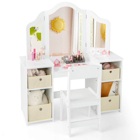 Infans Kids Vanity Table & Chair Set 2-in-1 Princess Pretend Play Makeup Vanity SetWhite