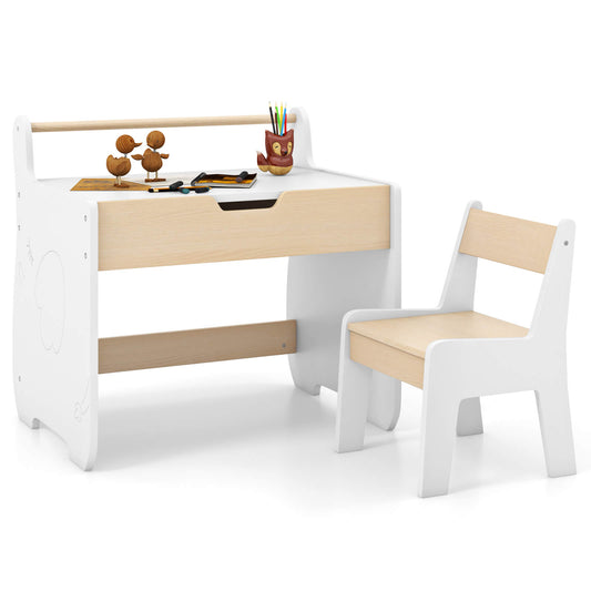Infans 3 In 1 Kids Wood Table and Chair Set w/Detachable Tabletop Hidden Storage Paper