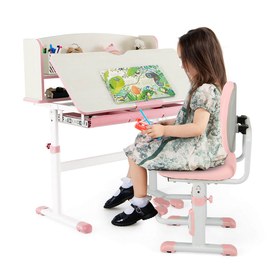 Infans Kids Desk and Chair Set Height Adjustable Children School Study Table & Chair Student Writing Table School Desk for Boys Girls Bedroom Pink