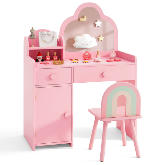 Infans Kids Vanity Table and Chair Set w/Cloud-shaped Mirror Open Shelf Storage DrawersPink
