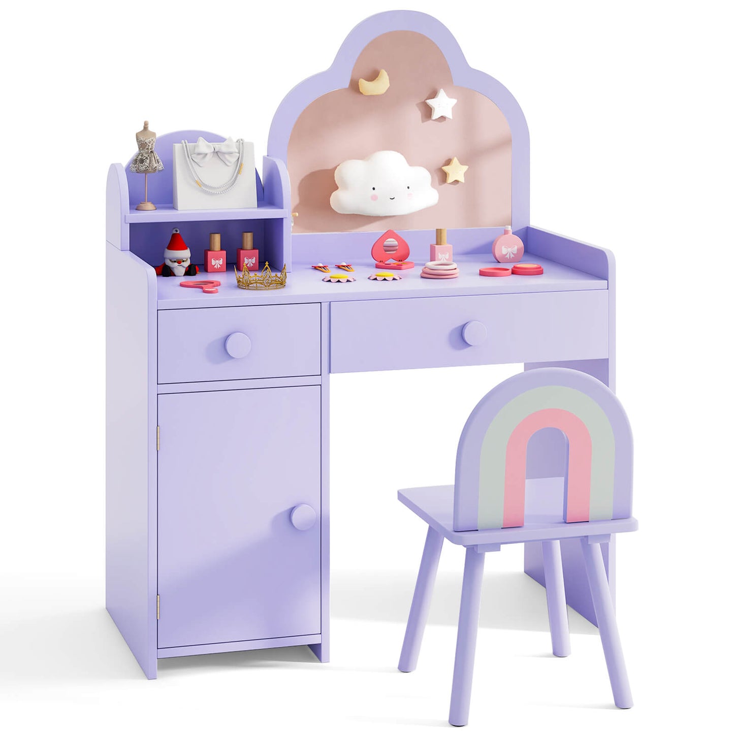 Infans Kids Vanity Table and Chair Set w/Cloud-shaped Mirror Open Shelf Storage DrawersPurple