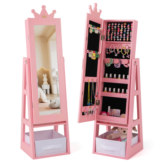 Infans Kids Jewelry Cabinet w/ Full-Length Mirror Foldable Drawer Anti-toppling System