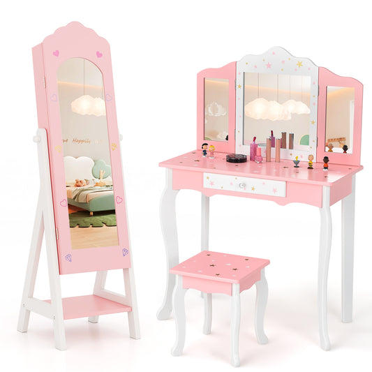 Infans Kids Vanity Set Princess Makeup Dressing Table and Chair Set w/ Jewelry ArmoirePink