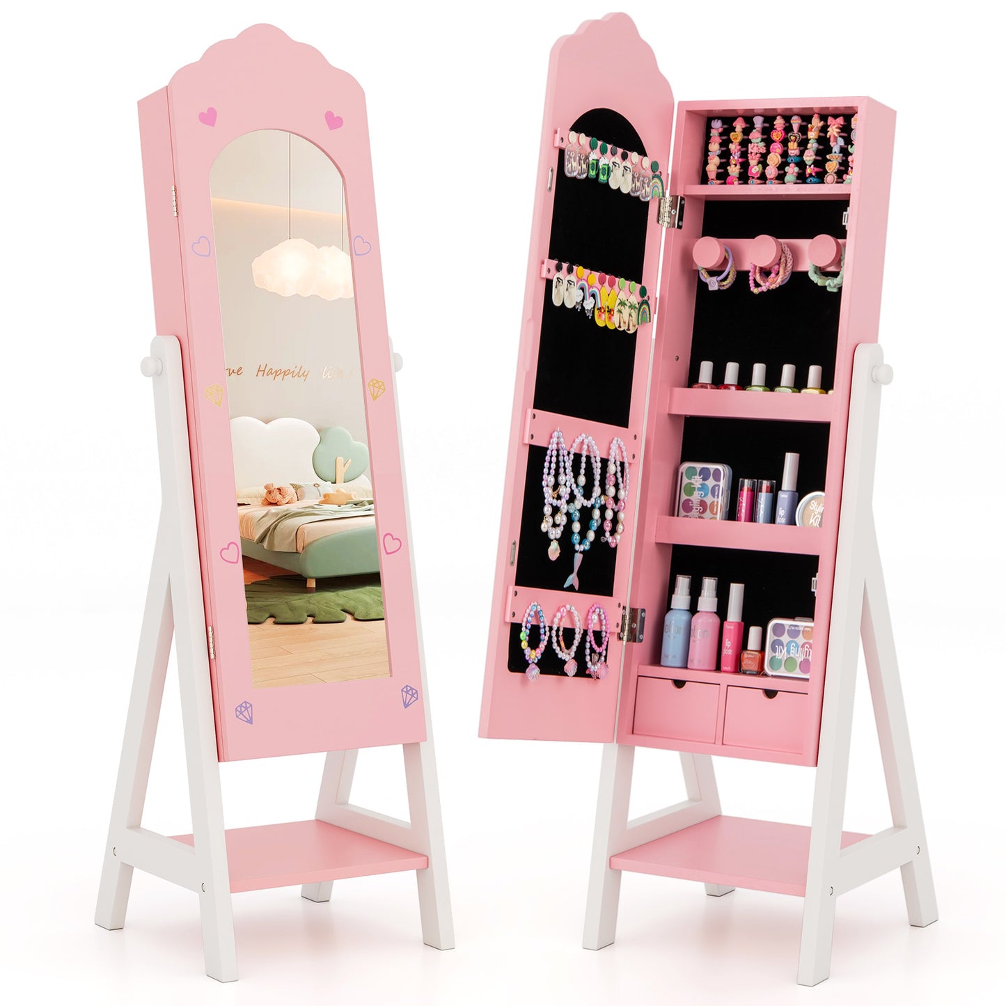 Infans Kids Jewelry Cabinet Standing Children Jewelry Organizer withFull-Length MirrorPink