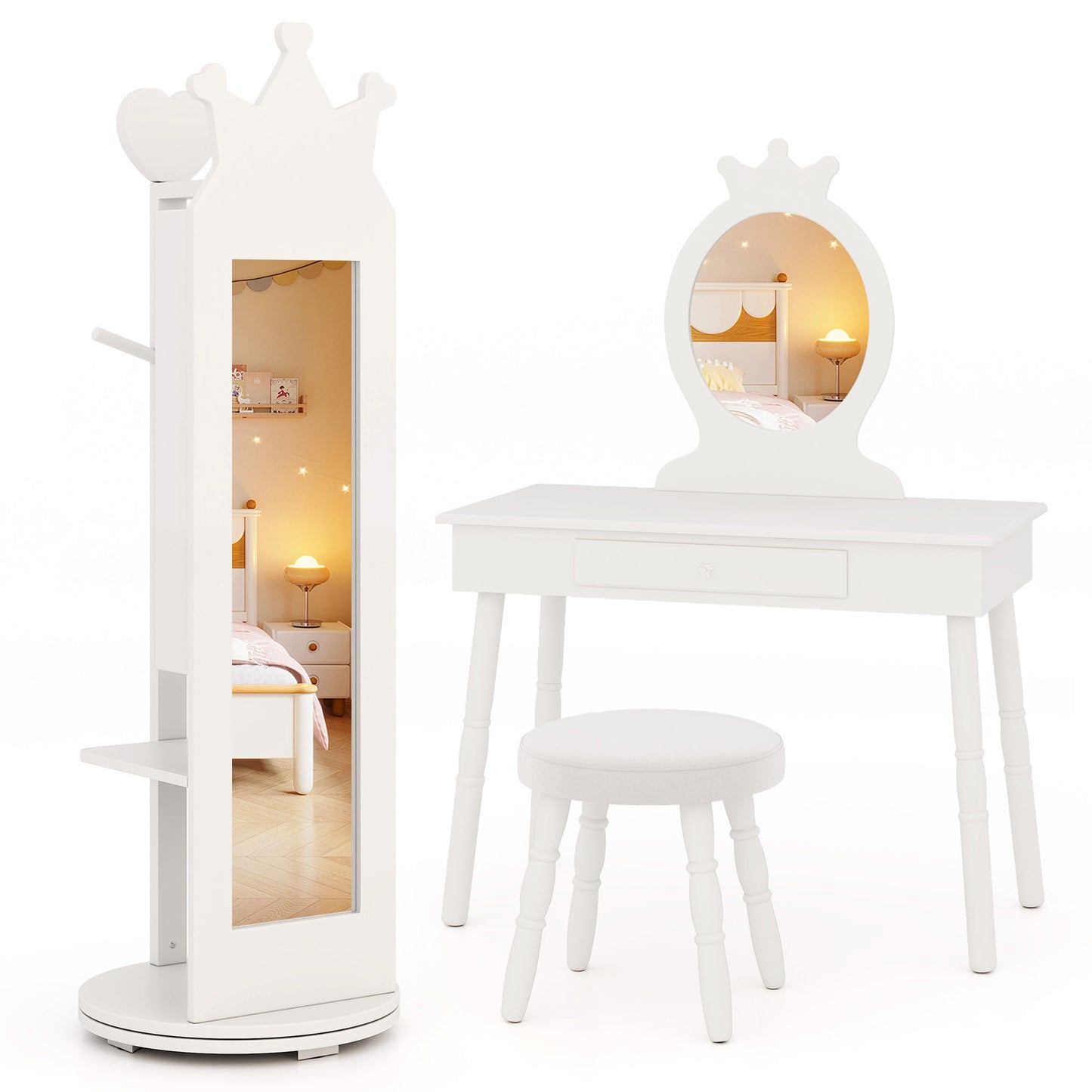 Infans Kids Vanity Set Princess Makeup Dressing Table and Chair Set w/ Coat RackWhite