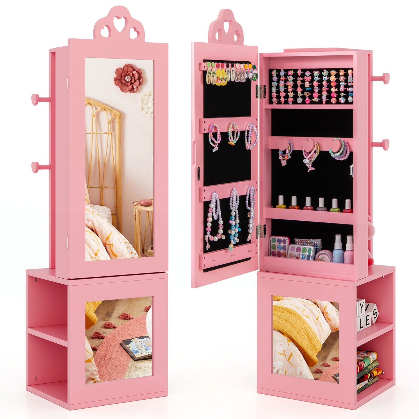 Infans Kids Jewelry Cabinet Standing Children Jewelry Organizer w/ Full-Length Mirror