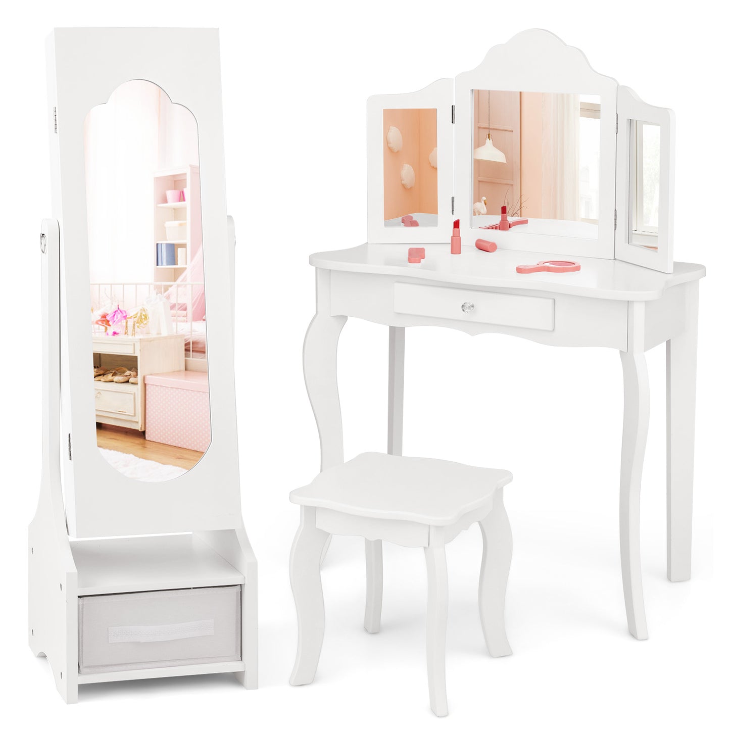 Infans Kids Vanity Set Princess Makeup Dressing Table & Chair Set w/ Jewelry ArmoireWhite