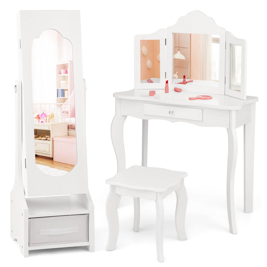 Infans Kids Vanity Set Princess Makeup Dressing Table & Chair Set w/ Jewelry ArmoireWhite