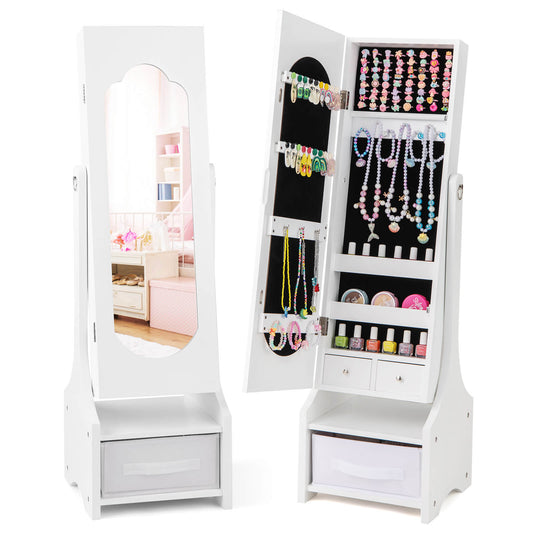 Infans Kids Jewelry Cabinet with Full-Length Mirror Drawer 2 Adjustable Tilt AnglesWhite